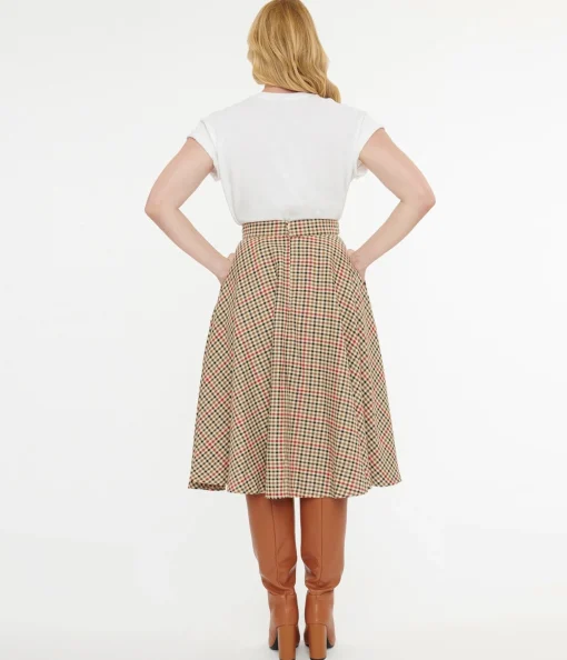 Royal Monk 1950s Beige & Black Check Hilda Swing Skirt
