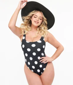 1960s Black & White Polka Dot One Piece Swimsuit