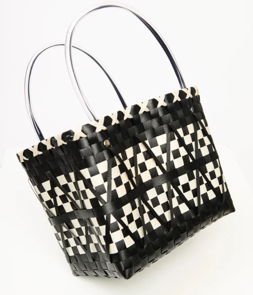 1970s Black & White Woven Chevron Basket Bag