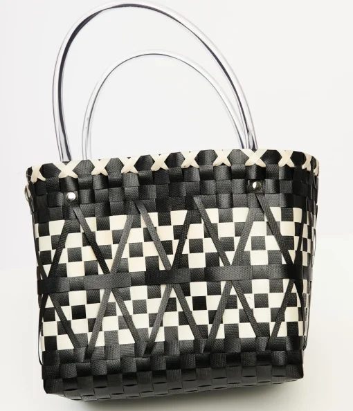 1970s Black & White Woven Chevron Basket Bag