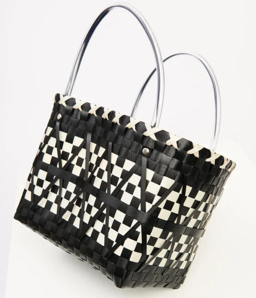 1970s Black & White Woven Chevron Basket Bag