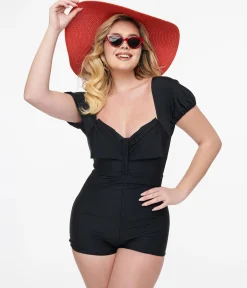 1950s Black Bow Romper Swimsuit