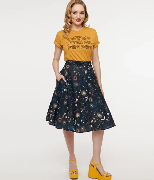 1950s Black Celestial Galaxy Print Swing Skirt