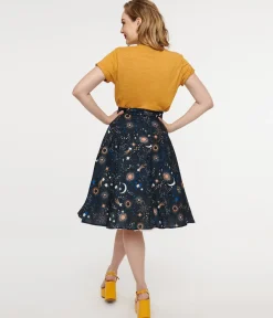 1950s Black Celestial Galaxy Print Swing Skirt
