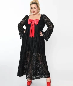 1970s Black Lace & Interchangeable Bow Priscilla Maxi Dress