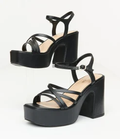 1970s Black Leatherette Platform Sandals