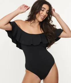 1970s Black Off Shoulder Ruffle Swimsuit