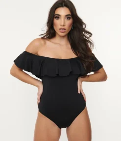 1970s Black Off Shoulder Ruffle Swimsuit