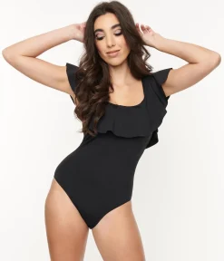 1970s Black Off Shoulder Ruffle Swimsuit