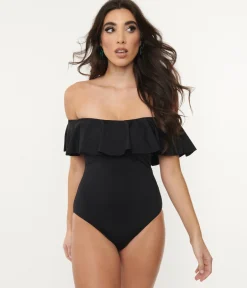 1970s Black Off Shoulder Ruffle Swimsuit