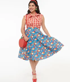 1950s Blue & Red Apple Print Swing Skirt