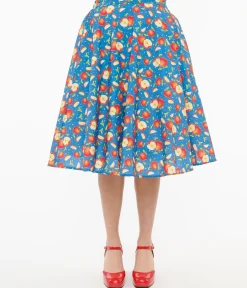 1950s Blue & Red Apple Print Swing Skirt