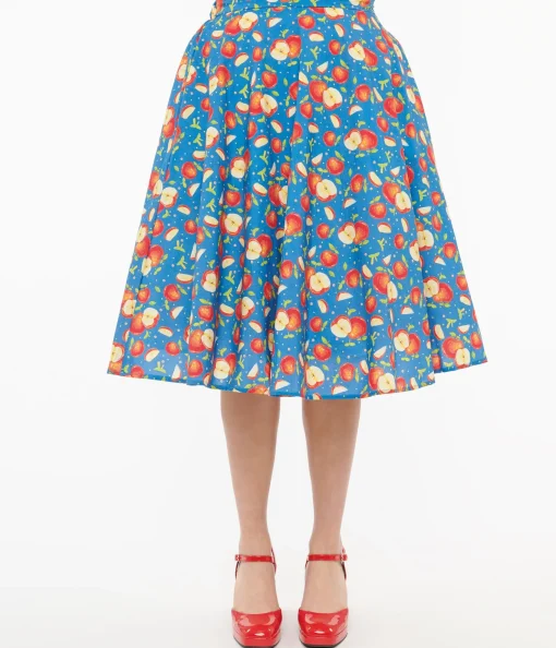 1950s Blue & Red Apple Print Swing Skirt