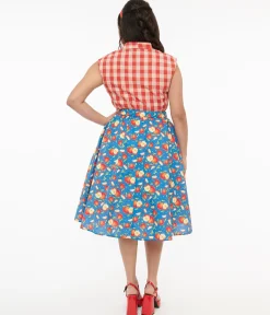 1950s Blue & Red Apple Print Swing Skirt