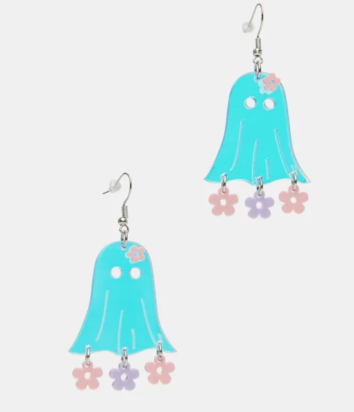 1960s Blue Groovy Ghost Flower Power Earrings