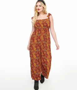 1970s Brown & Orange Flower Child Silk Jumpsuit