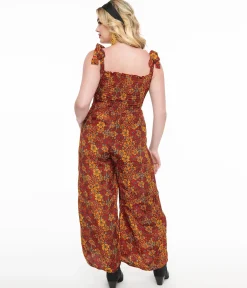 1970s Brown & Orange Flower Child Silk Jumpsuit