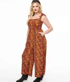 1970s Brown & Orange Flower Child Silk Jumpsuit