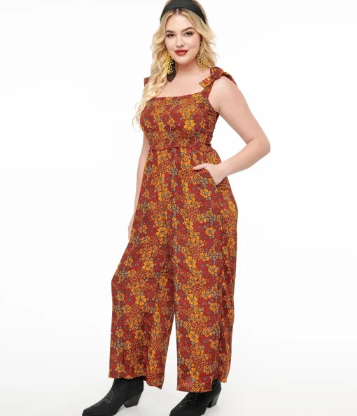 1970s Brown & Orange Flower Child Silk Jumpsuit