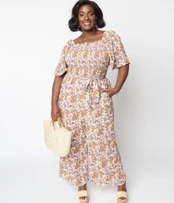 1970s Brown Daisy Floral Jumpsuit