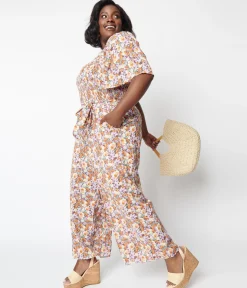 1970s Brown Daisy Floral Jumpsuit