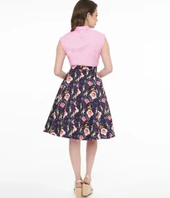 1950s Dark Blue Carnivorous Plants Print Flare Skirt