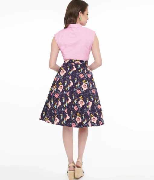 1950s Dark Blue Carnivorous Plants Print Flare Skirt