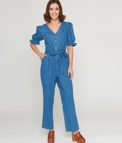 1970s Denim Puff Sleeve Jumpsuit