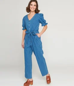 1970s Denim Puff Sleeve Jumpsuit
