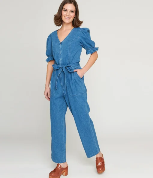 1970s Denim Puff Sleeve Jumpsuit