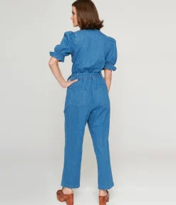 1970s Denim Puff Sleeve Jumpsuit