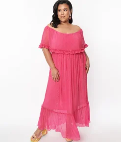 1970s Fuchsia Pleated Chiffon Maxi Dress