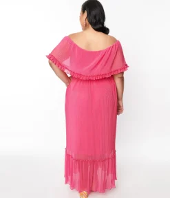 1970s Fuchsia Pleated Chiffon Maxi Dress