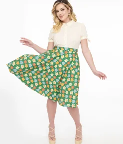 1950s Green Retro Floral Cotton Swing Skirt