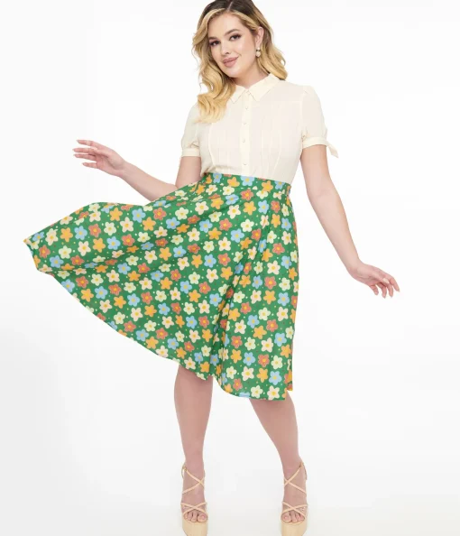 1950s Green Retro Floral Cotton Swing Skirt