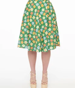 1950s Green Retro Floral Cotton Swing Skirt
