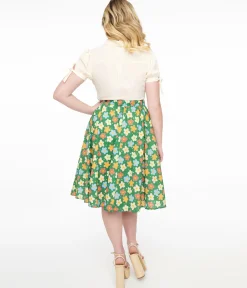 1950s Green Retro Floral Cotton Swing Skirt