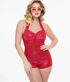 1950s Hot Pink Sparkle Bow Romper Swimsuit