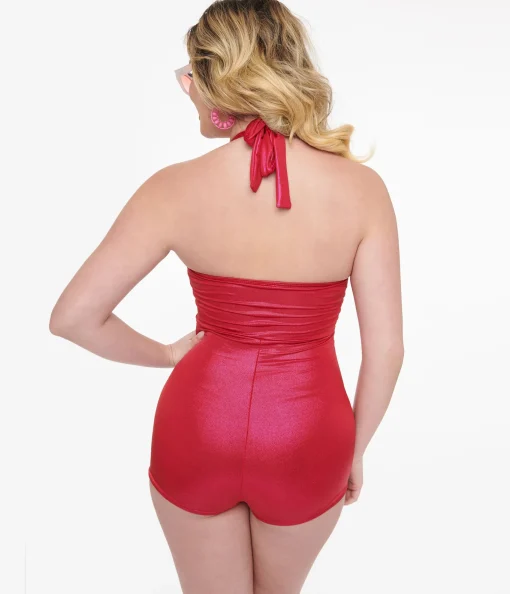 1950s Hot Pink Sparkle Bow Romper Swimsuit