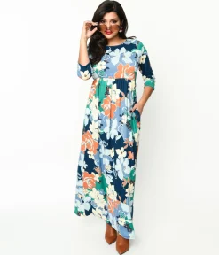 1970s Navy & Multicolor Floral Knit Maxi Dress