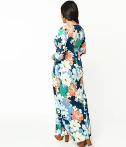 1970s Navy & Multicolor Floral Knit Maxi Dress