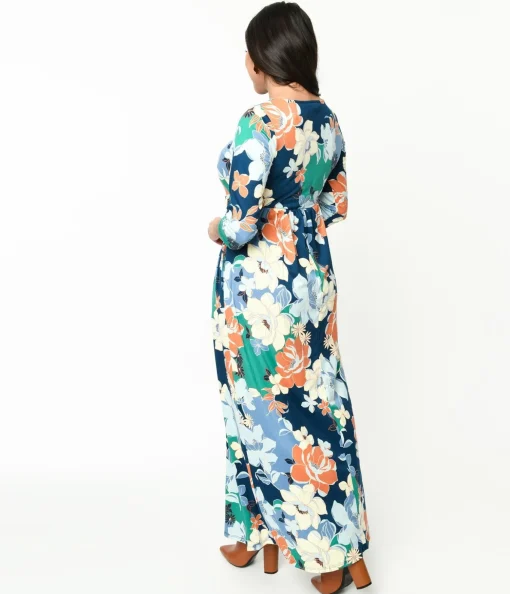 1970s Navy & Multicolor Floral Knit Maxi Dress