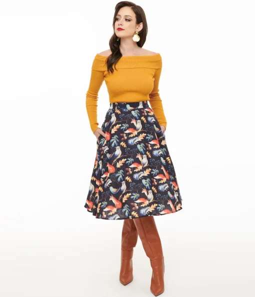 1950s Navy Fox Print Swing Skirt