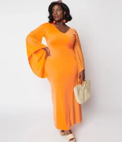 1970s Neon Orange Lace Maxi Dress