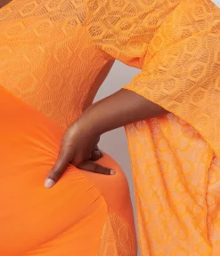 1970s Neon Orange Lace Maxi Dress