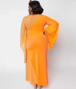 1970s Neon Orange Lace Maxi Dress