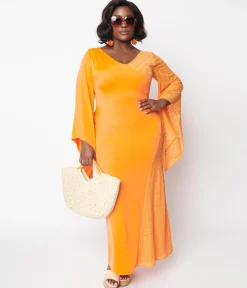 1970s Neon Orange Lace Maxi Dress