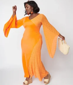 1970s Neon Orange Lace Maxi Dress