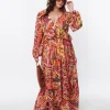 1970s Orange & Multicolor Leaf Maxi Dress