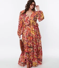 1970s Orange & Multicolor Leaf Maxi Dress